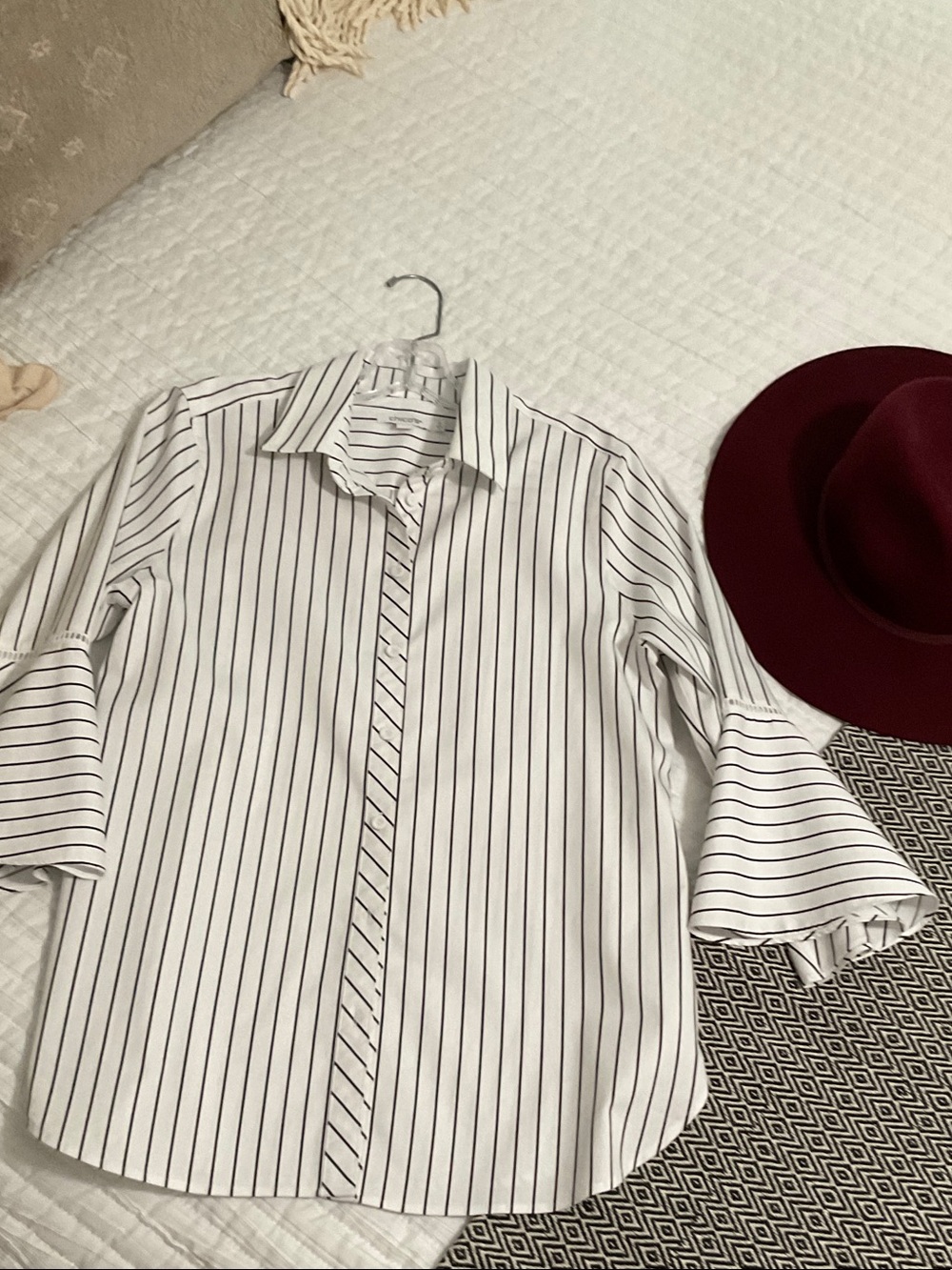Women's White Pinstripe Button-Up Blouse with Ruffled Sleeves